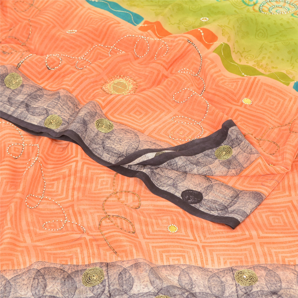 Sanskriti Vintage Sarees Green/Peach Hand Beads Pure Crepe Print Sari 5yd Sustainable Fabric