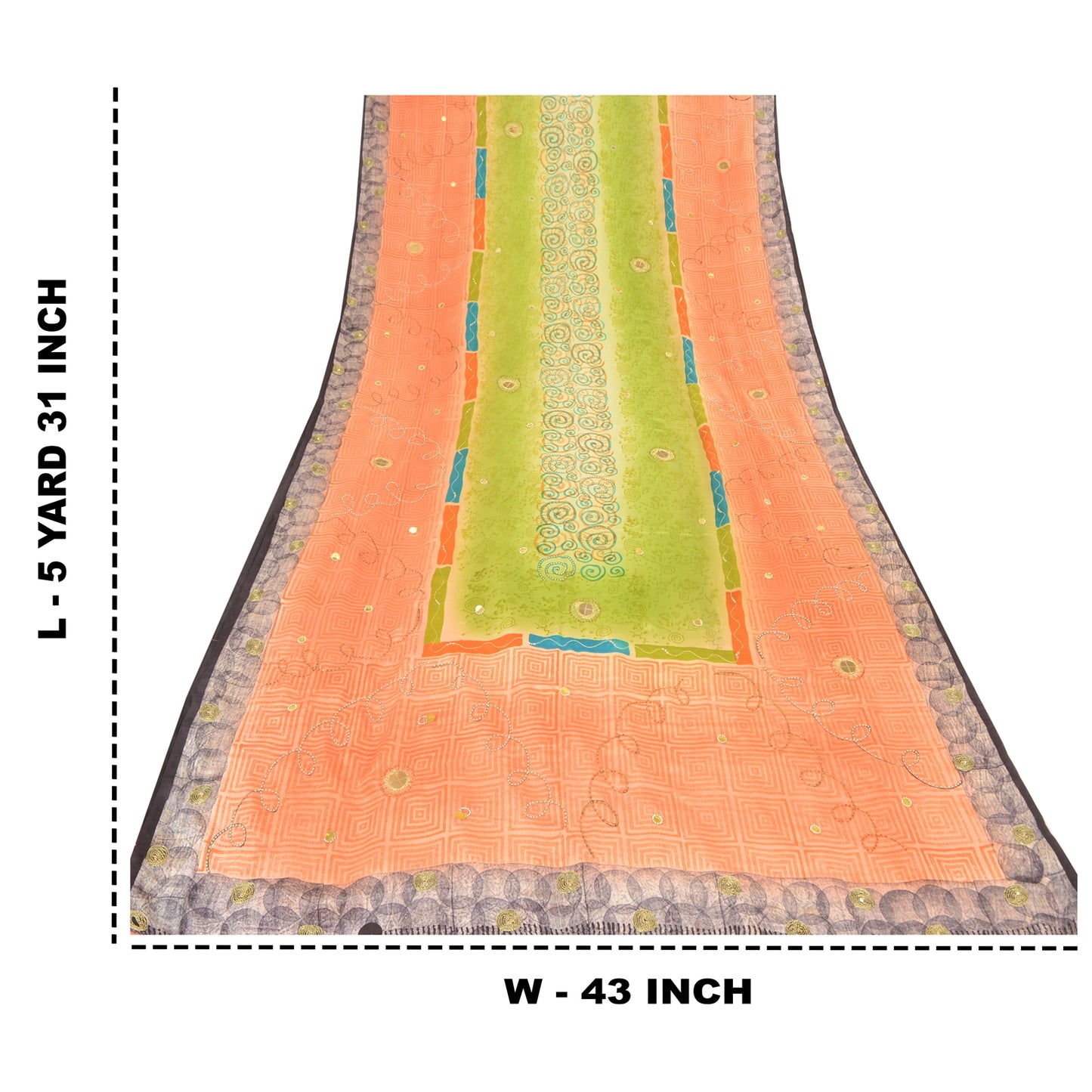 Sanskriti Vintage Sarees Green/Peach Hand Beads Pure Crepe Print Sari 5yd Sustainable Fabric