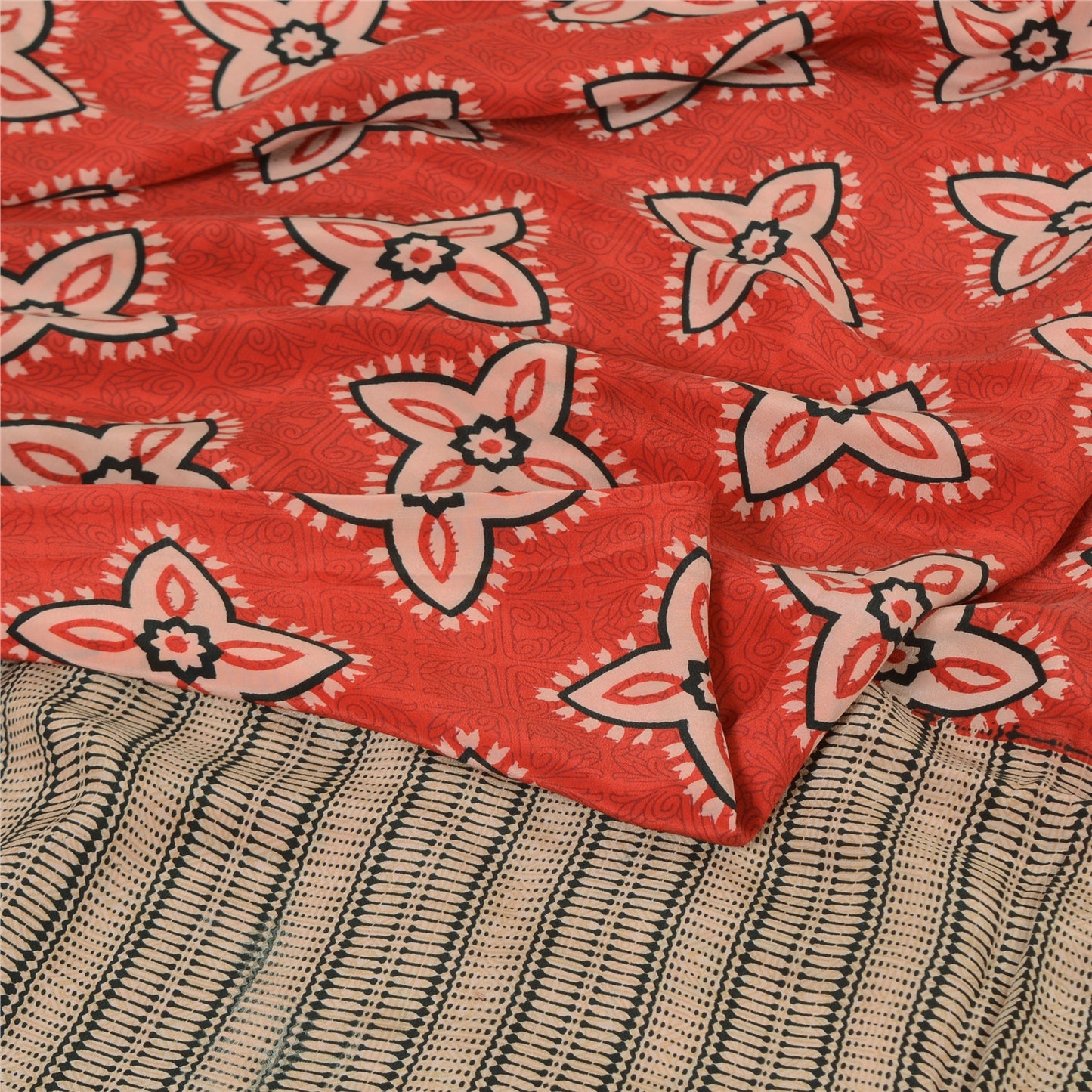 Sanskriti Vintage Sarees Red Blend Crepe Printed Sari 5yd Floral Craft Sustainable Fabric