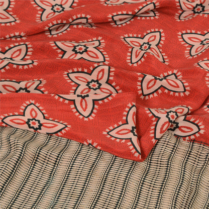 Sanskriti Vintage Sarees Red Blend Crepe Printed Sari 5yd Floral Craft Sustainable Fabric