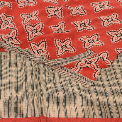 Sanskriti Vintage Sarees Red Blend Crepe Printed Sari 5yd Floral Craft Sustainable Fabric
