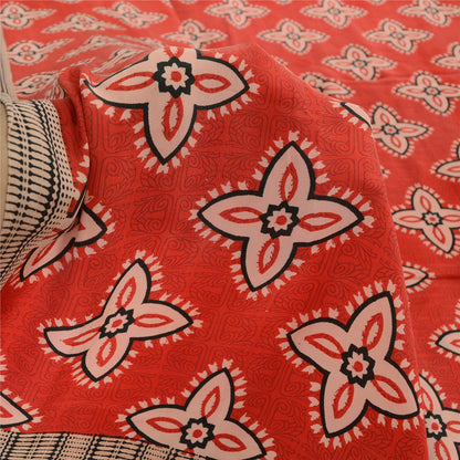 Sanskriti Vintage Sarees Red Blend Crepe Printed Sari 5yd Floral Craft Sustainable Fabric