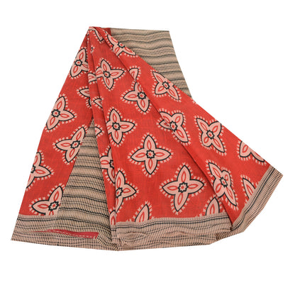 Sanskriti Vintage Sarees Red Blend Crepe Printed Sari 5yd Floral Craft Sustainable Fabric