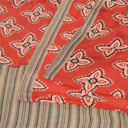Sanskriti Vintage Sarees Red Blend Crepe Printed Sari 5yd Floral Craft Sustainable Fabric