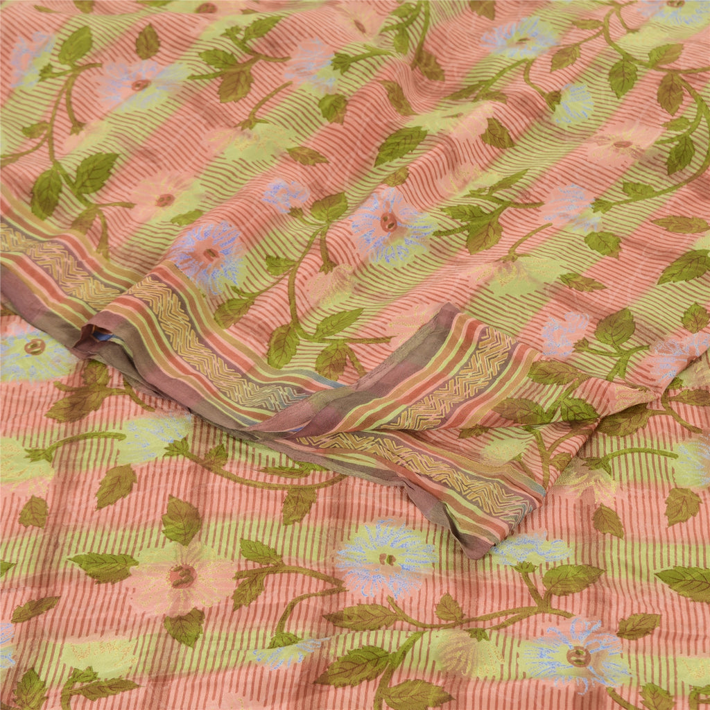 Sanskriti Vintage Sarees Red/Green Pure Crepe Silk Printed Sari 5yd Craft Sustainable Fabric