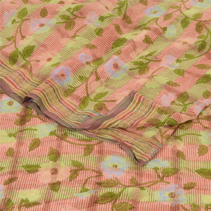 Sanskriti Vintage Sarees Red/Green Pure Crepe Silk Printed Sari 5yd Craft Sustainable Fabric