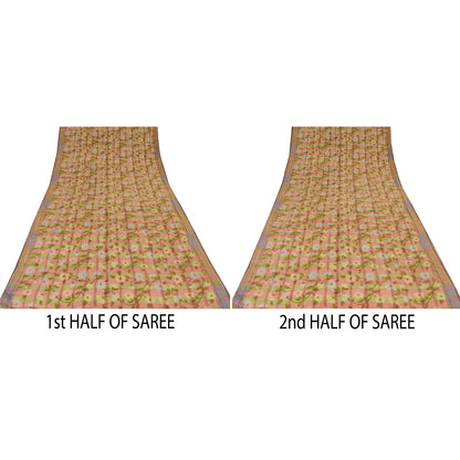 Sanskriti Vintage Sarees Red/Green Pure Crepe Silk Printed Sari 5yd Craft Sustainable Fabric