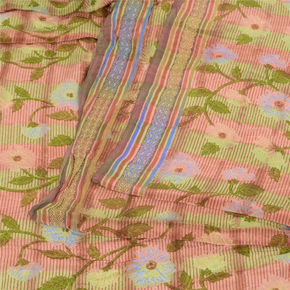 Sanskriti Vintage Sarees Red/Green Pure Crepe Silk Printed Sari 5yd Craft Sustainable Fabric