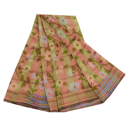 Sanskriti Vintage Sarees Red/Green Pure Crepe Silk Printed Sari 5yd Craft Sustainable Fabric