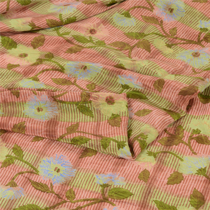 Sanskriti Vintage Sarees Red/Green Pure Crepe Silk Printed Sari 5yd Craft Sustainable Fabric