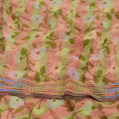 Sanskriti Vintage Sarees Red/Green Pure Crepe Silk Printed Sari 5yd Craft Sustainable Fabric