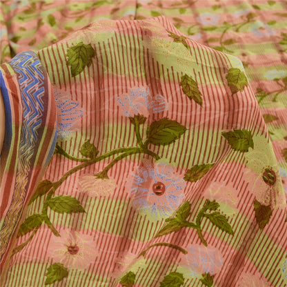 Sanskriti Vintage Sarees Red/Green Pure Crepe Silk Printed Sari 5yd Craft Sustainable Fabric