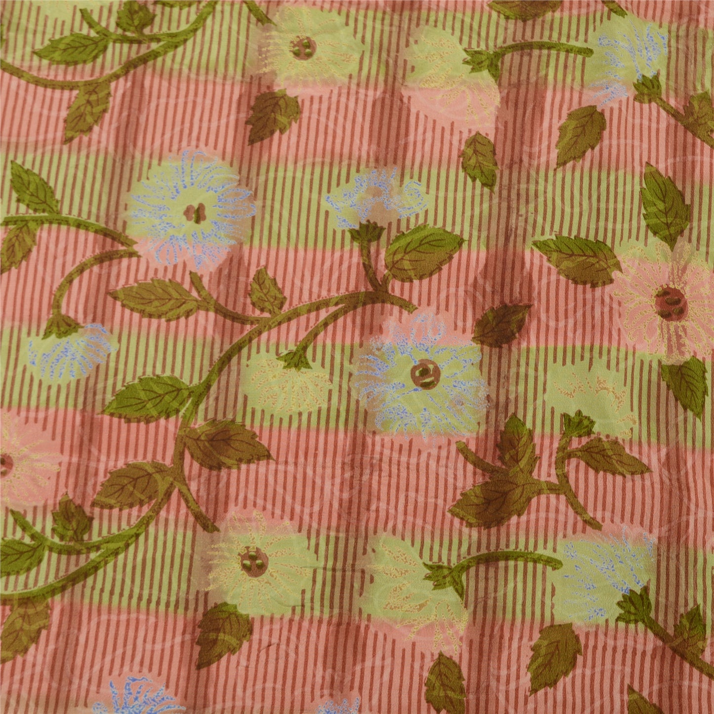 Sanskriti Vintage Sarees Red/Green Pure Crepe Silk Printed Sari 5yd Craft Sustainable Fabric