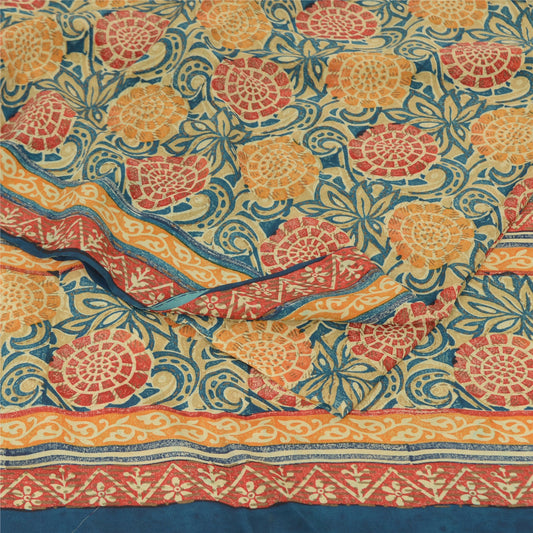 Sanskriti Vintage Sarees Multicolor Pure Crepe Silk Print Sari 6yd Craft Sustainable Fabric