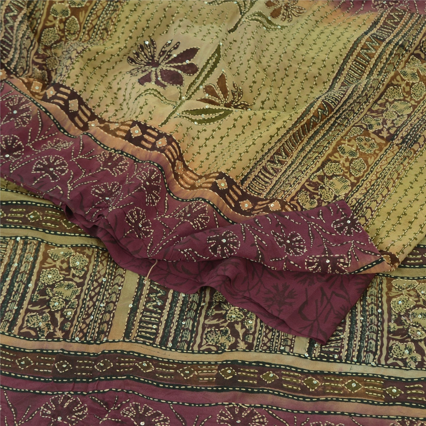 Sanskriti Vintage Sarees Handmade Kantha Wine/Cream Pure Crepe Print Sari Sustainable Fabric