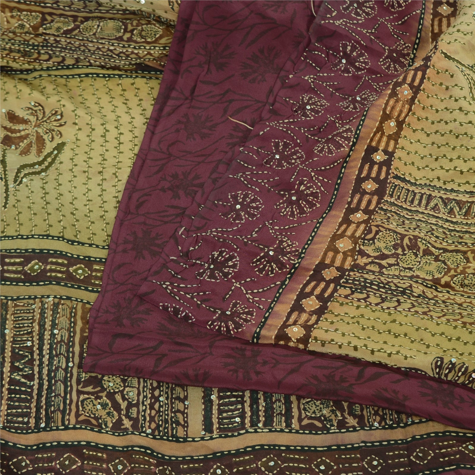Sanskriti Vintage Sarees Handmade Kantha Wine/Cream Pure Crepe Print Sari Sustainable Fabric
