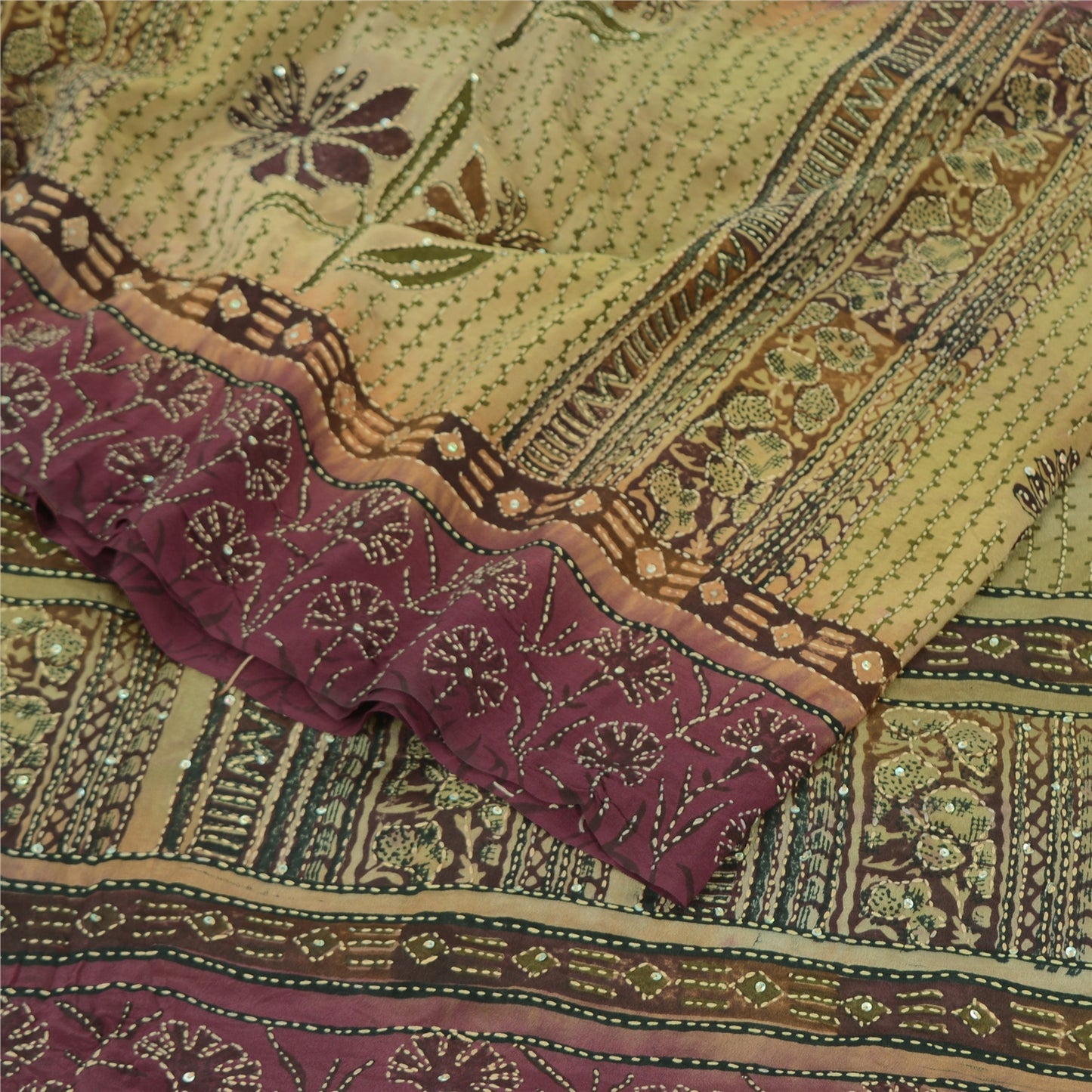 Sanskriti Vintage Sarees Handmade Kantha Wine/Cream Pure Crepe Print Sari Sustainable Fabric
