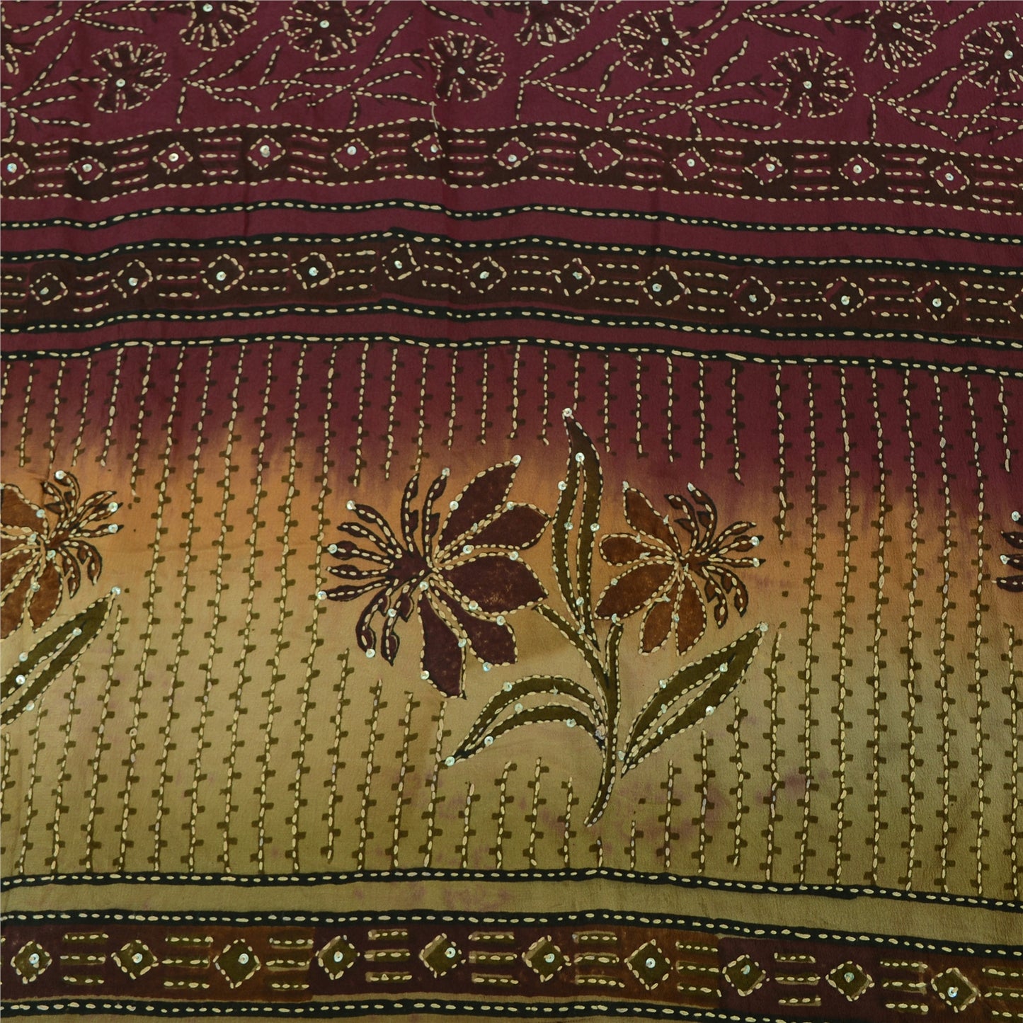 Sanskriti Vintage Sarees Handmade Kantha Wine/Cream Pure Crepe Print Sari Sustainable Fabric