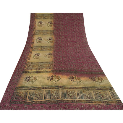 Sanskriti Vintage Sarees Handmade Kantha Wine/Cream Pure Crepe Print Sari Sustainable Fabric