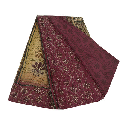Sanskriti Vintage Sarees Handmade Kantha Wine/Cream Pure Crepe Print Sari Sustainable Fabric