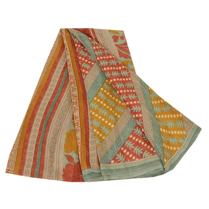 Sanskriti Vintage Sarees Multi Pure Crepe Silk Printed Sari 5yd Craft Sustainable Fabric