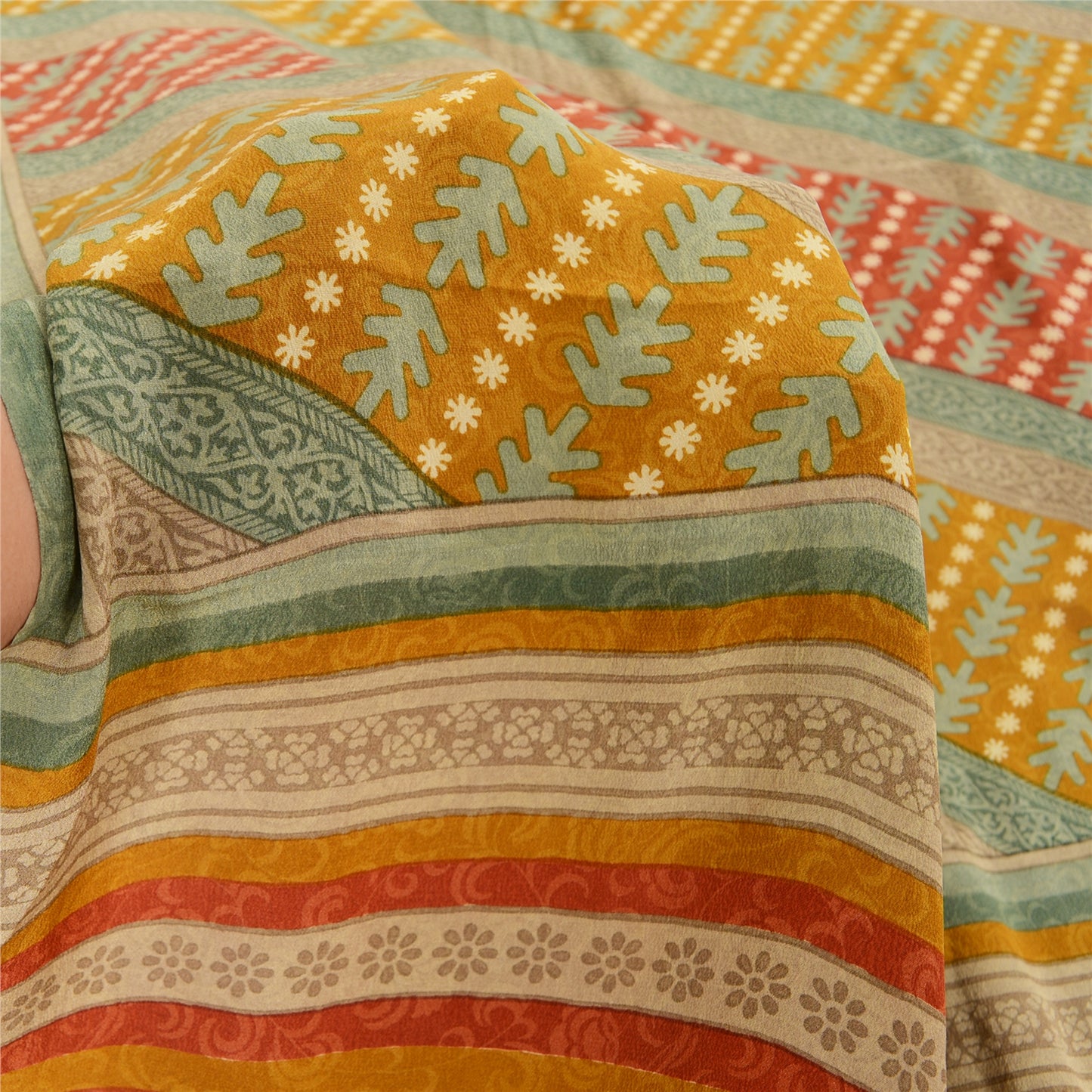 Sanskriti Vintage Sarees Multi Pure Crepe Silk Printed Sari 5yd Craft Sustainable Fabric