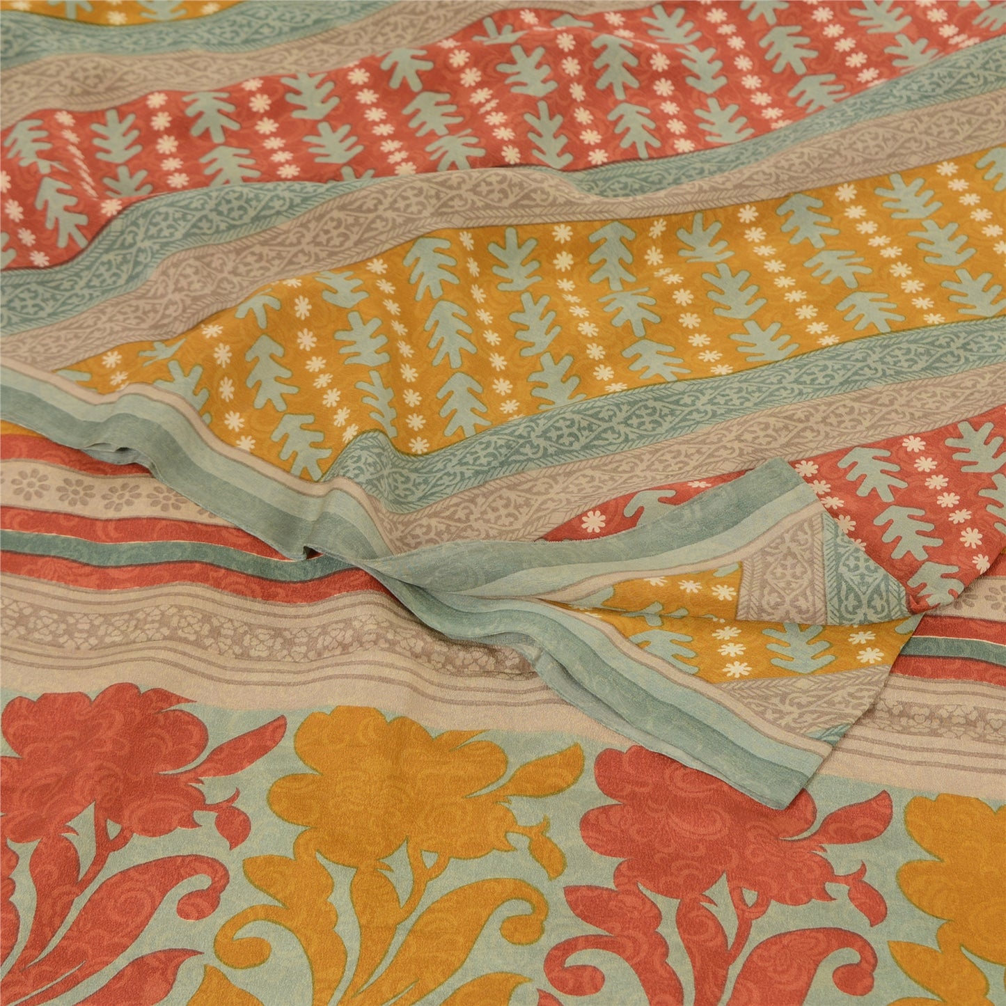 Sanskriti Vintage Sarees Multi Pure Crepe Silk Printed Sari 5yd Craft Sustainable Fabric