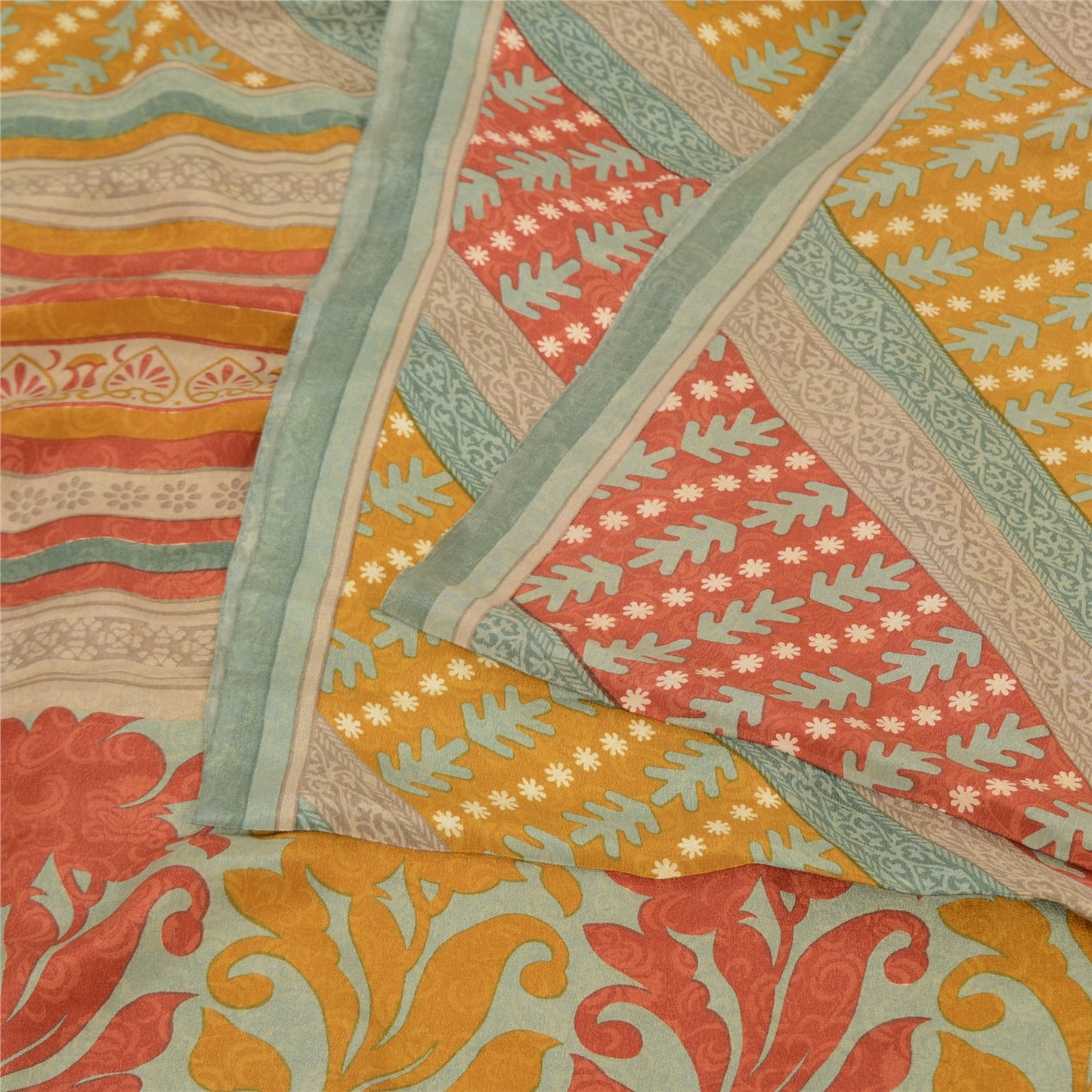 Sanskriti Vintage Sarees Multi Pure Crepe Silk Printed Sari 5yd Craft Sustainable Fabric