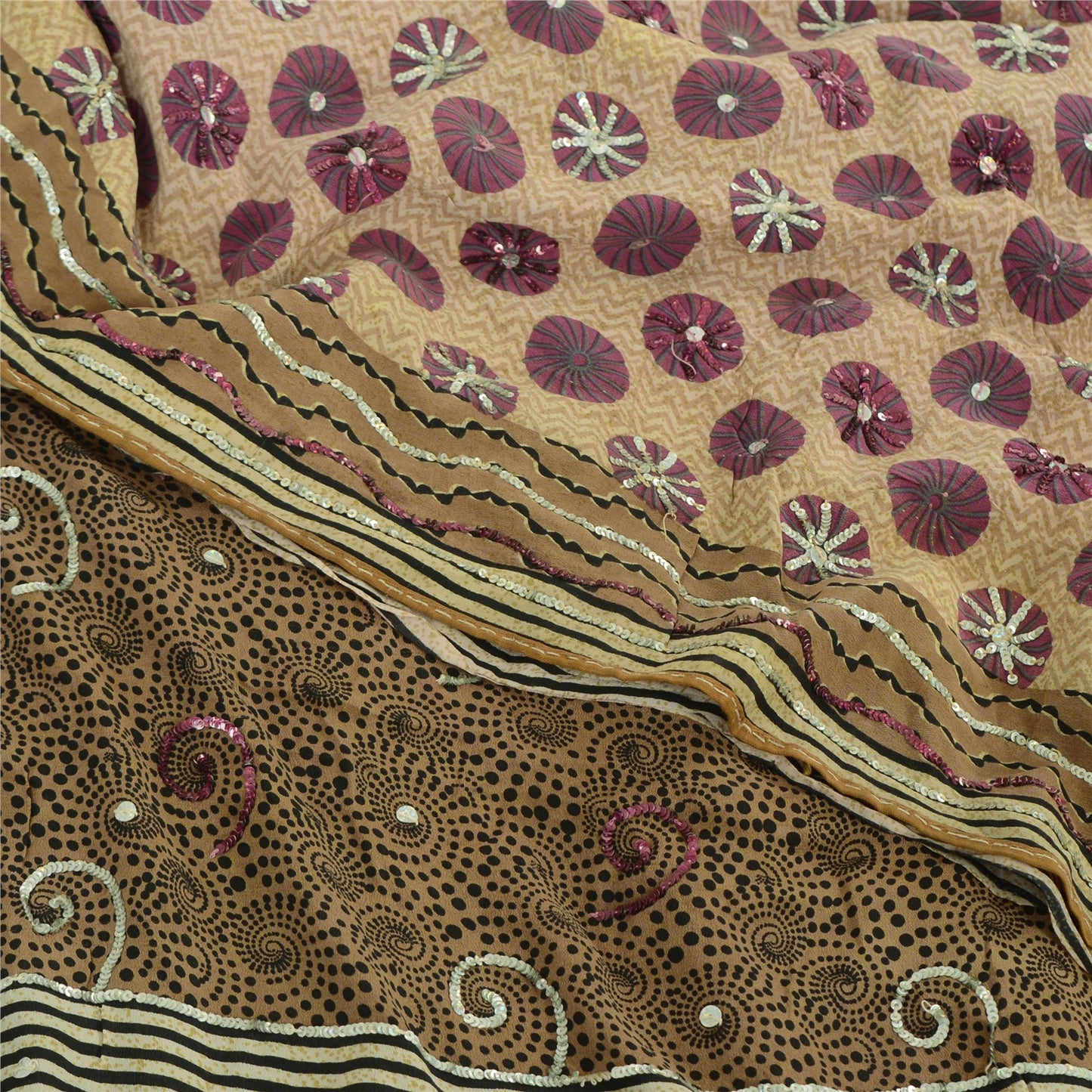 Sanskriti Vintage Sarees Cream Hand Beaded Pure Crepe Printed Sari 5yd Sustainable Fabric