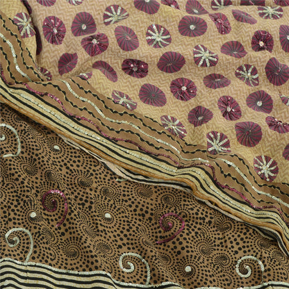 Sanskriti Vintage Sarees Cream Hand Beaded Pure Crepe Printed Sari 5yd Sustainable Fabric