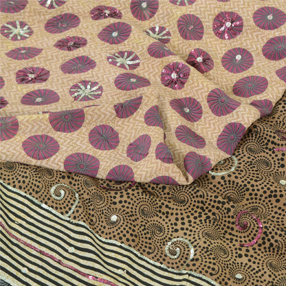 Sanskriti Vintage Sarees Cream Hand Beaded Pure Crepe Printed Sari 5yd Sustainable Fabric