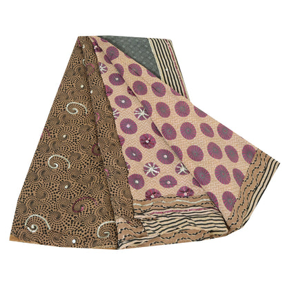 Sanskriti Vintage Sarees Cream Hand Beaded Pure Crepe Printed Sari 5yd Sustainable Fabric