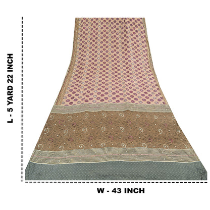 Sanskriti Vintage Sarees Cream Hand Beaded Pure Crepe Printed Sari 5yd Sustainable Fabric