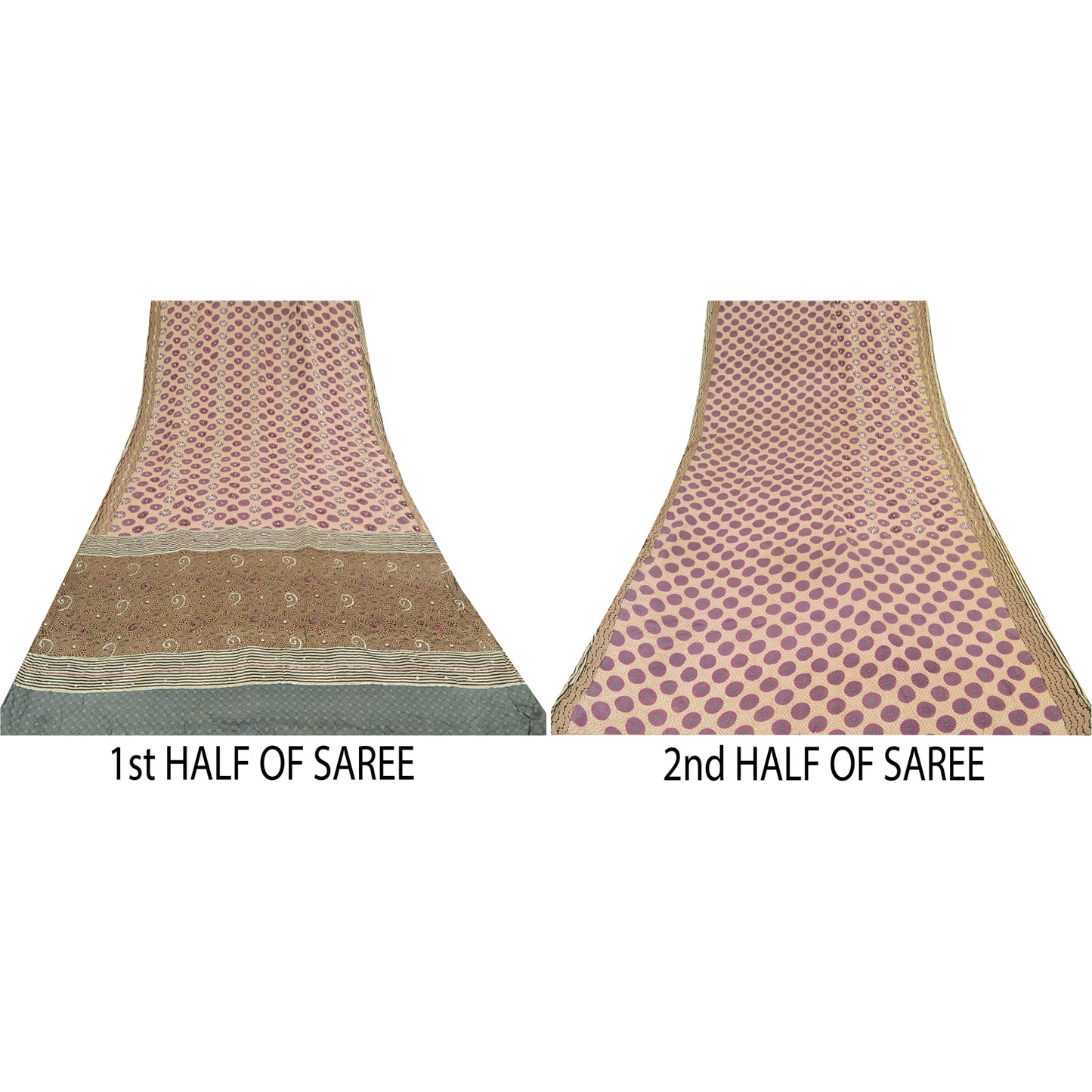 Sanskriti Vintage Sarees Cream Hand Beaded Pure Crepe Printed Sari 5yd Sustainable Fabric