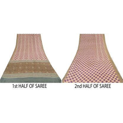 Sanskriti Vintage Sarees Cream Hand Beaded Pure Crepe Printed Sari 5yd Sustainable Fabric