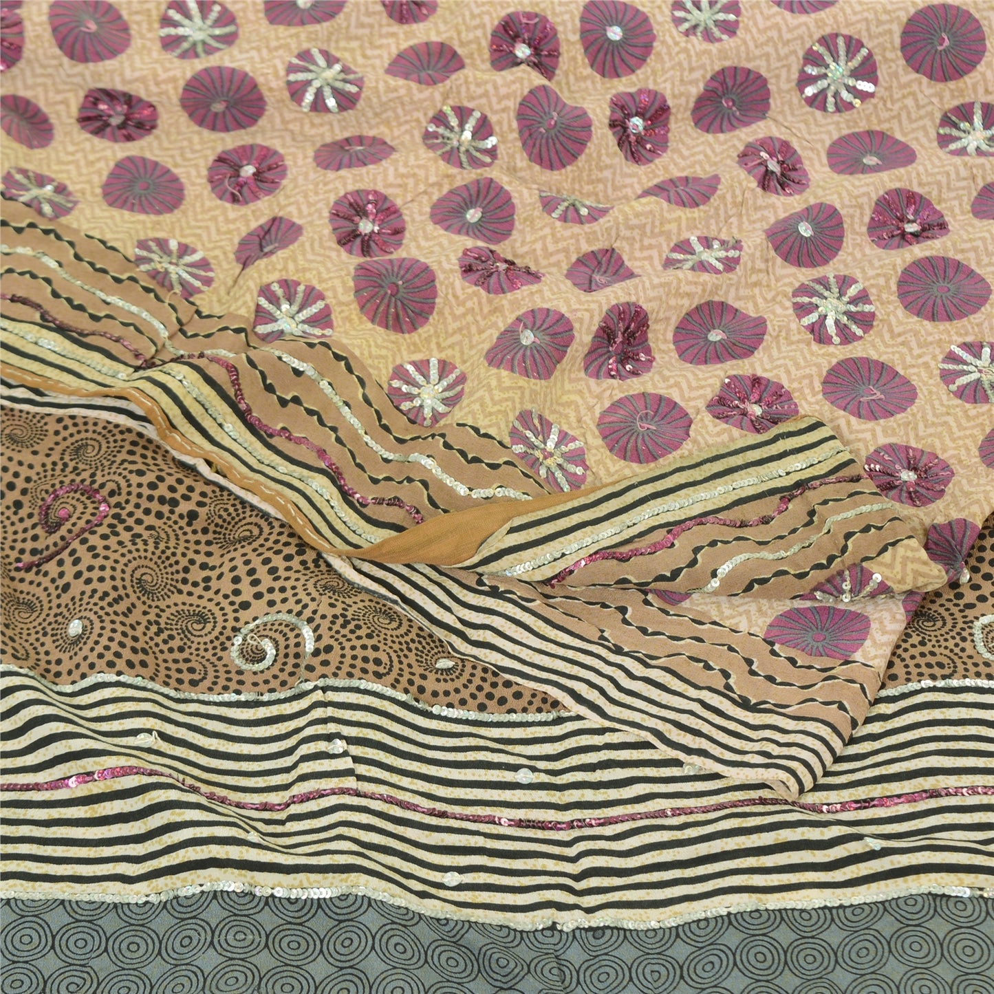 Sanskriti Vintage Sarees Cream Hand Beaded Pure Crepe Printed Sari 5yd Sustainable Fabric