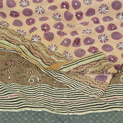 Sanskriti Vintage Sarees Cream Hand Beaded Pure Crepe Printed Sari 5yd Sustainable Fabric