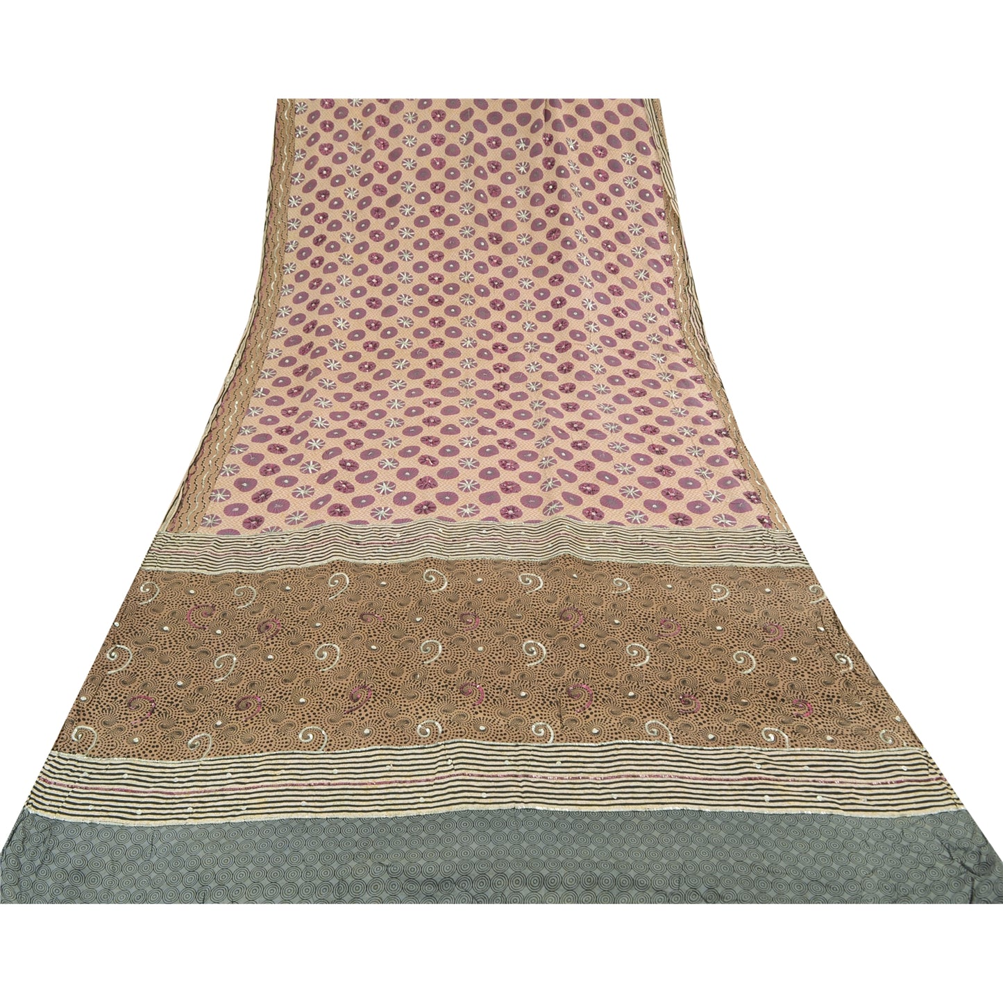 Sanskriti Vintage Sarees Cream Hand Beaded Pure Crepe Printed Sari 5yd Sustainable Fabric