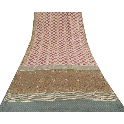 Sanskriti Vintage Sarees Cream Hand Beaded Pure Crepe Printed Sari 5yd Sustainable Fabric