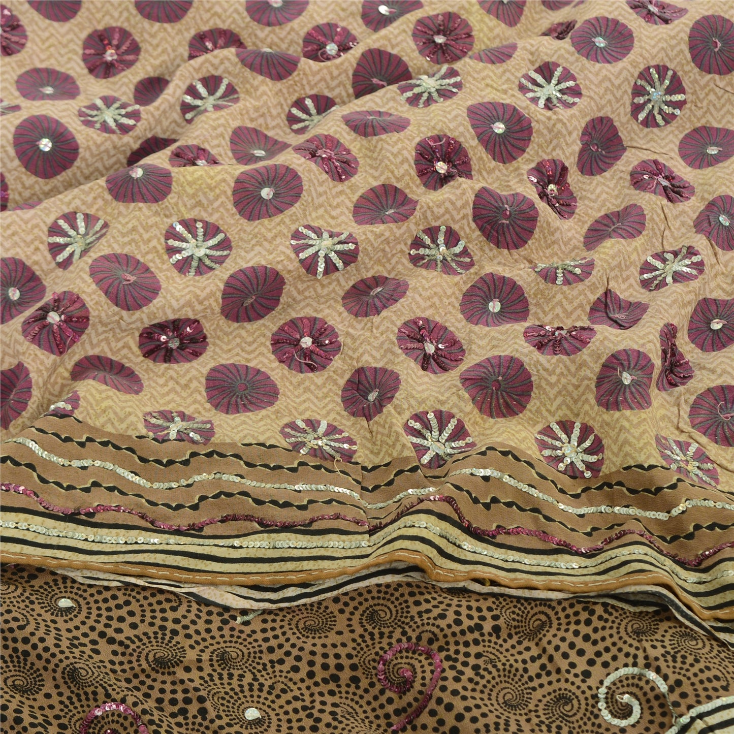 Sanskriti Vintage Sarees Cream Hand Beaded Pure Crepe Printed Sari 5yd Sustainable Fabric