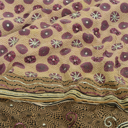 Sanskriti Vintage Sarees Cream Hand Beaded Pure Crepe Printed Sari 5yd Sustainable Fabric