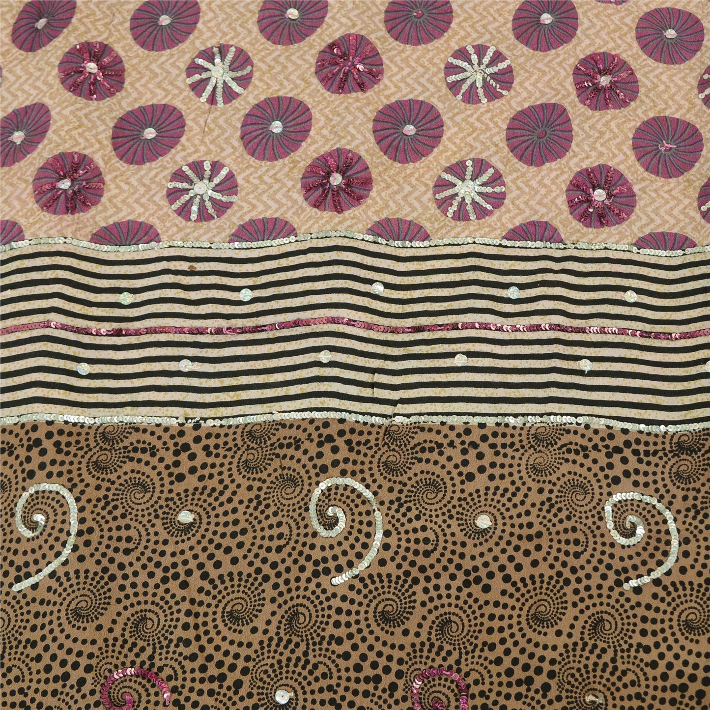 Sanskriti Vintage Sarees Cream Hand Beaded Pure Crepe Printed Sari 5yd Sustainable Fabric