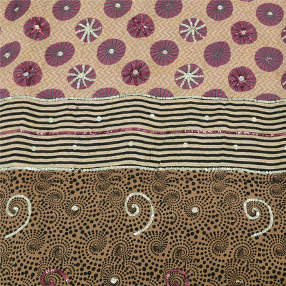 Sanskriti Vintage Sarees Cream Hand Beaded Pure Crepe Printed Sari 5yd Sustainable Fabric