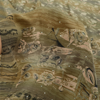 Sanskriti Vintage Sarees Multi Sequins Pure Crepe Silk Printed Sari 5yd Sustainable Fabric