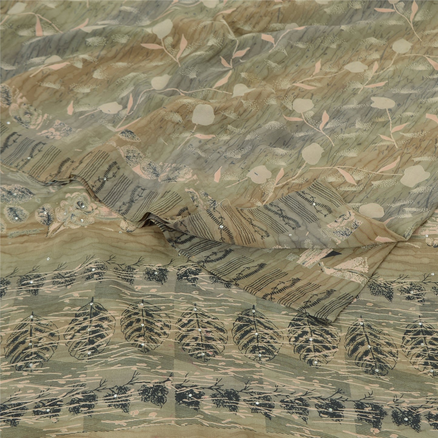 Sanskriti Vintage Sarees Multi Sequins Pure Crepe Silk Printed Sari 5yd Sustainable Fabric