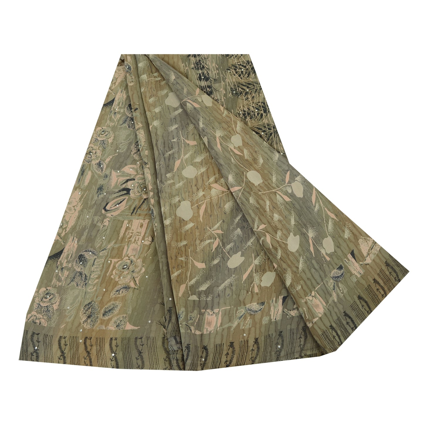 Sanskriti Vintage Sarees Multi Sequins Pure Crepe Silk Printed Sari 5yd Sustainable Fabric