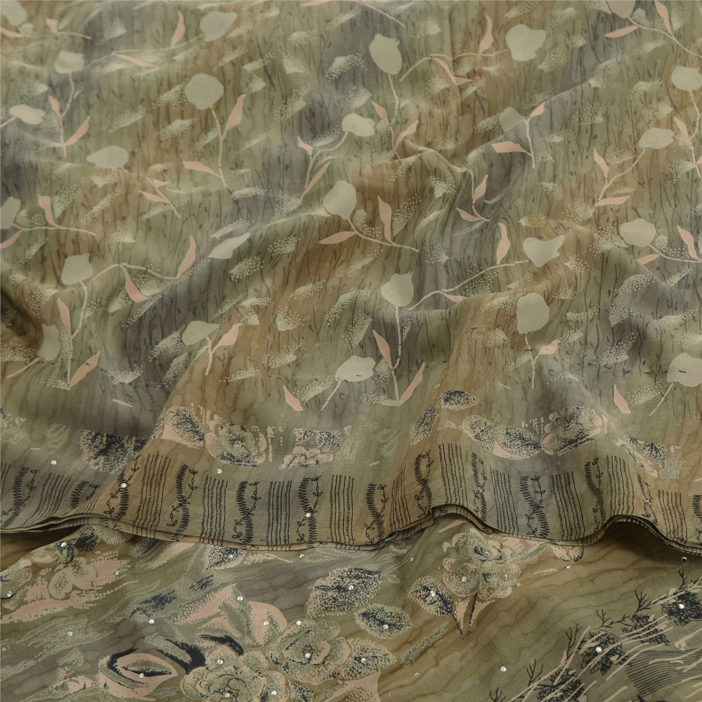 Sanskriti Vintage Sarees Multi Sequins Pure Crepe Silk Printed Sari 5yd Sustainable Fabric