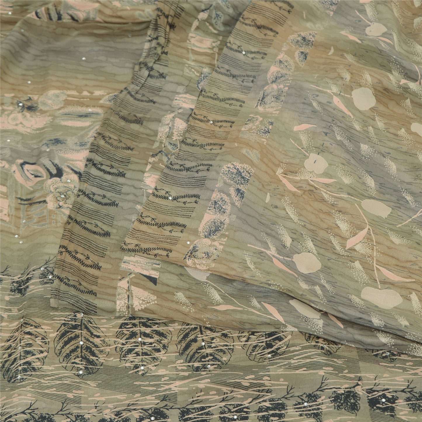 Sanskriti Vintage Sarees Multi Sequins Pure Crepe Silk Printed Sari 5yd Sustainable Fabric