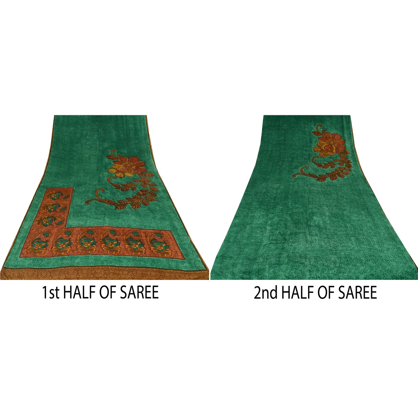 Sanskriti Vintage Sarees Green Pure Crepe Silk Printed Sari 5yd Craft Sustainable Fabric