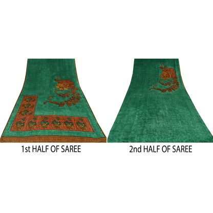 Sanskriti Vintage Sarees Green Pure Crepe Silk Printed Sari 5yd Craft Sustainable Fabric